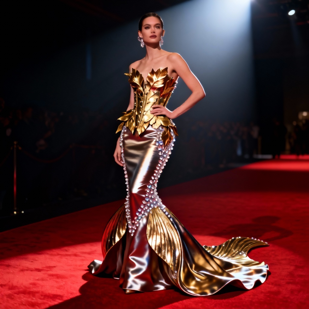 AI Met Gala dress with gold leaf corset and sculptural train