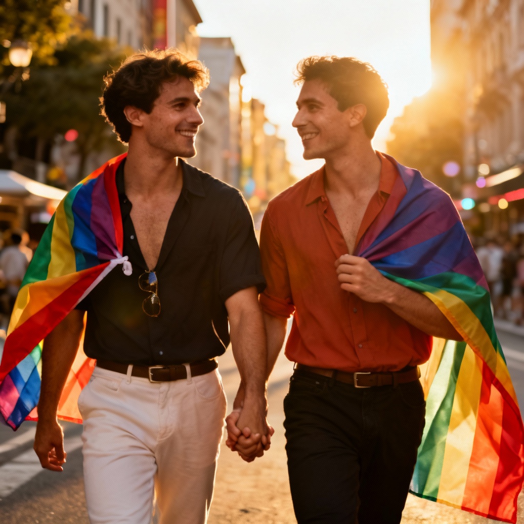 AI gay couple street style portrait with pride flags