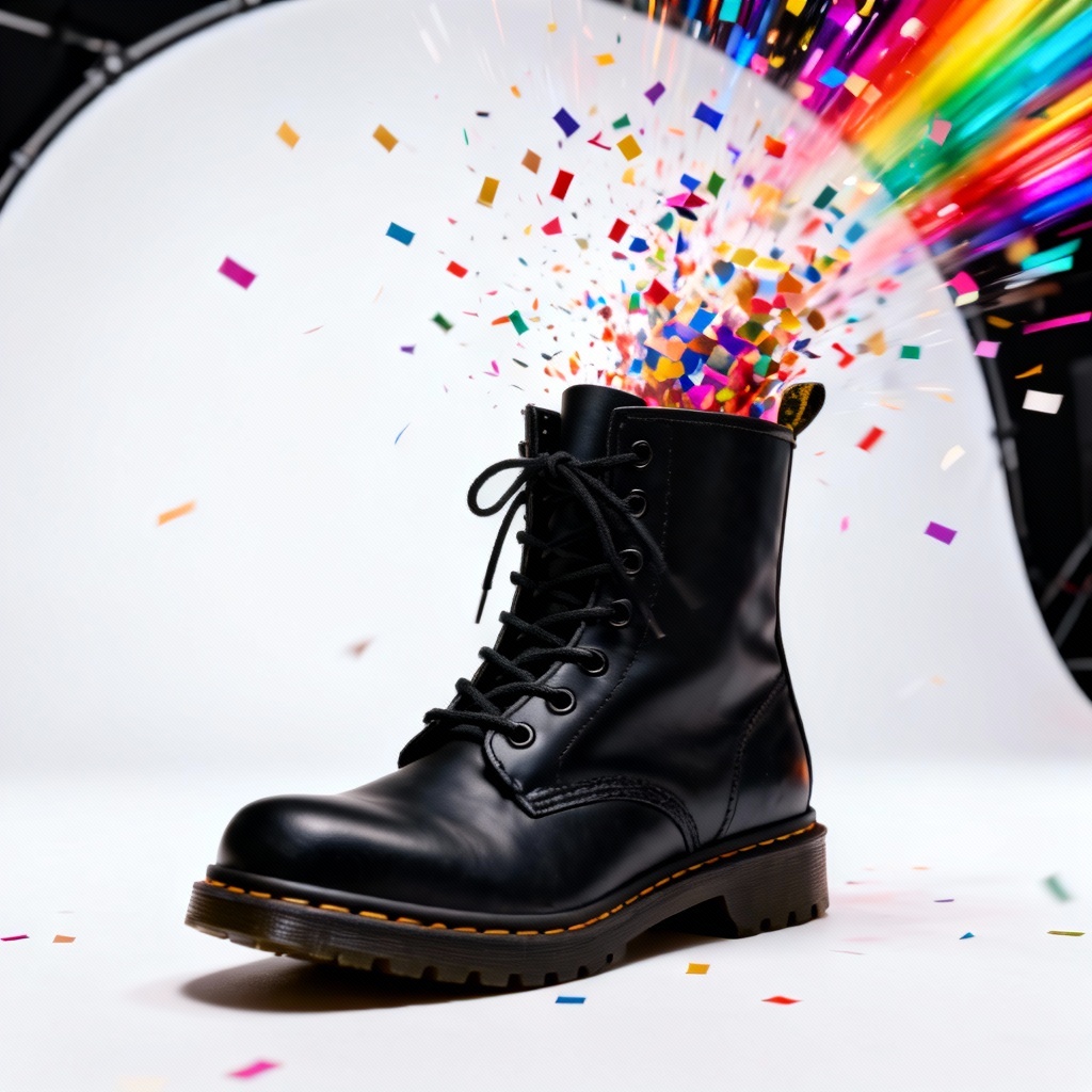 Combat boot with confetti bursting from the opening