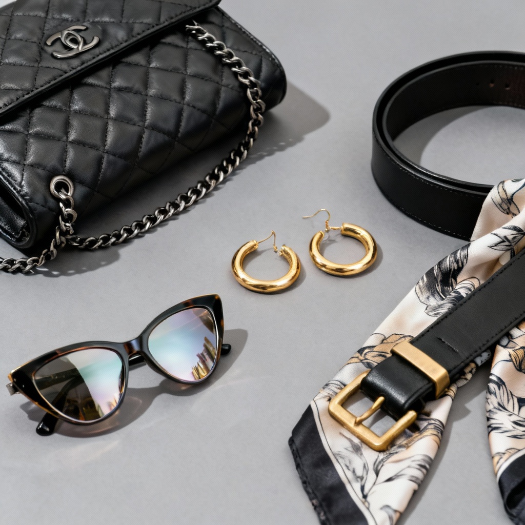 AI generated fashion accessories flat lay with jewelry, bag, sunglasses, and belt