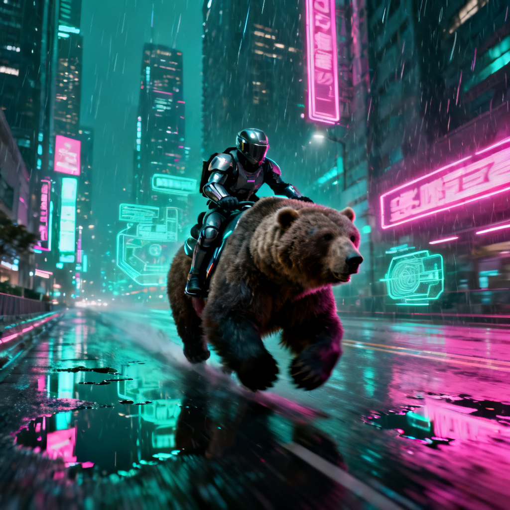 AI cyberpunk rider on a kodiak bear in neon city streets