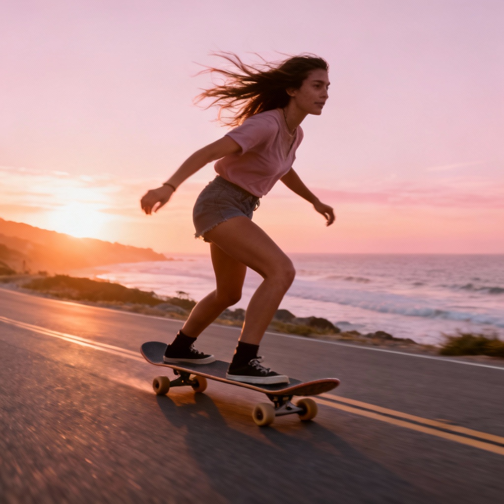 AI longboard cruising image on a coastal road