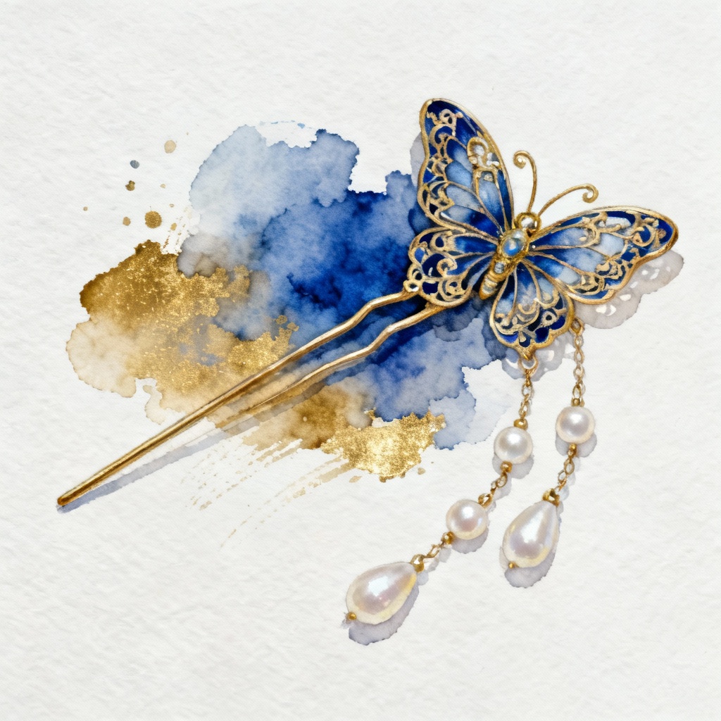 Watercolor concept art of butterfly filigree hairpin with tassels