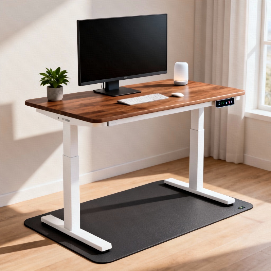 AI standing desk layout with wood and white