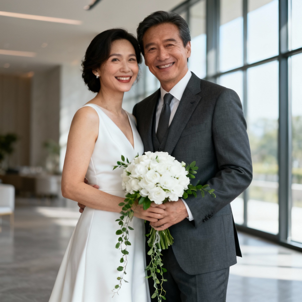 AI fake marriage couple portrait in elegant wedding attire