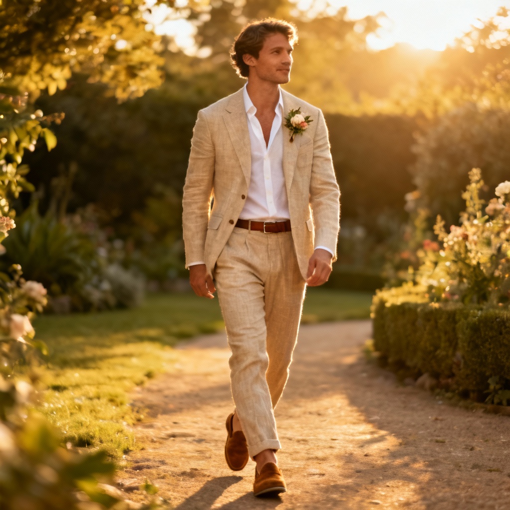 AI beige linen suit for summer wedding