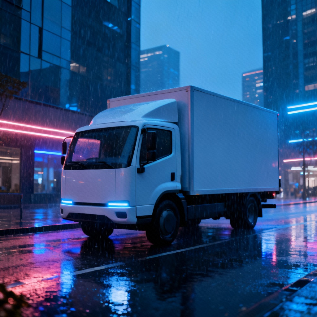 AI electric box truck with neon reflections in the city