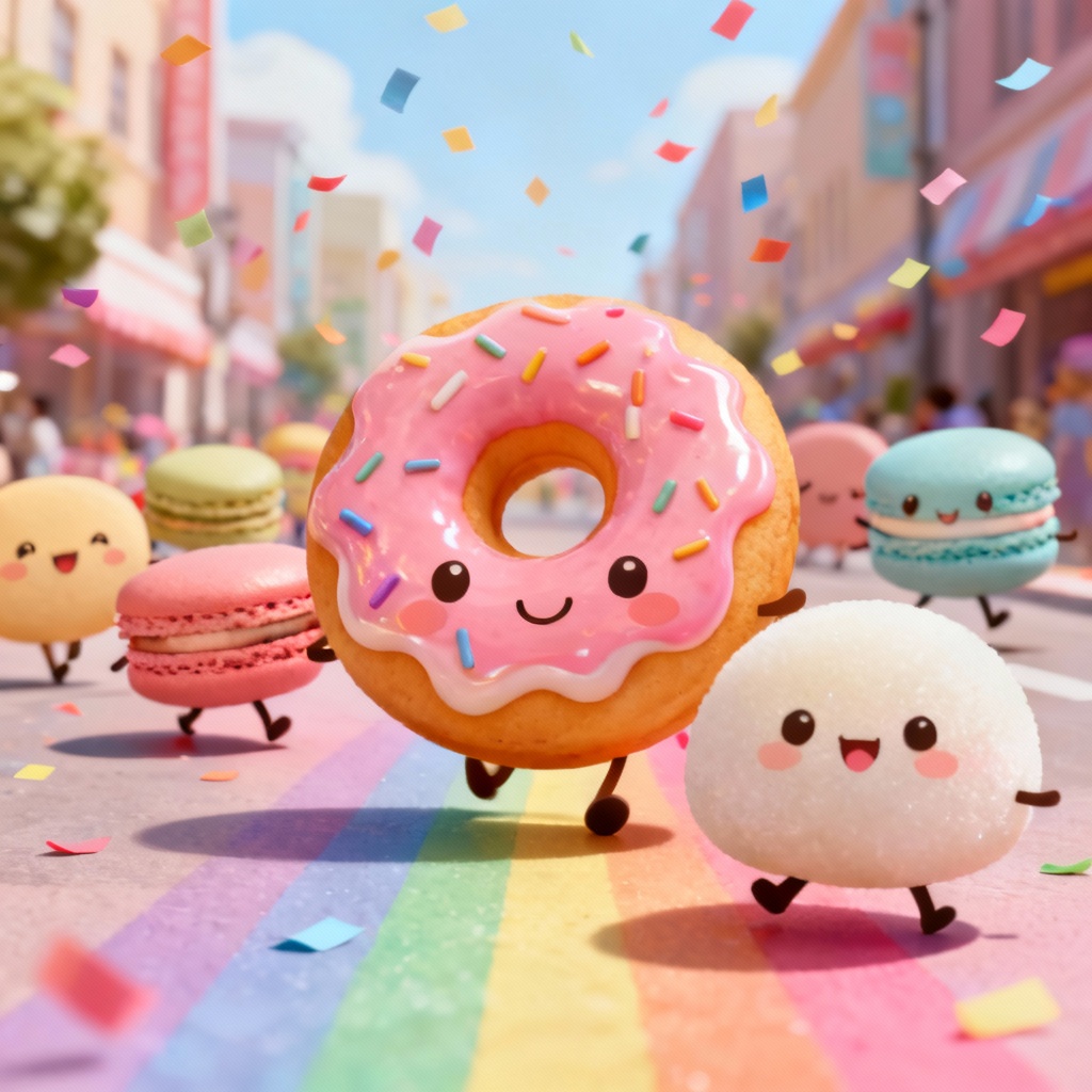 AI kawaii dessert parade with donuts and macarons