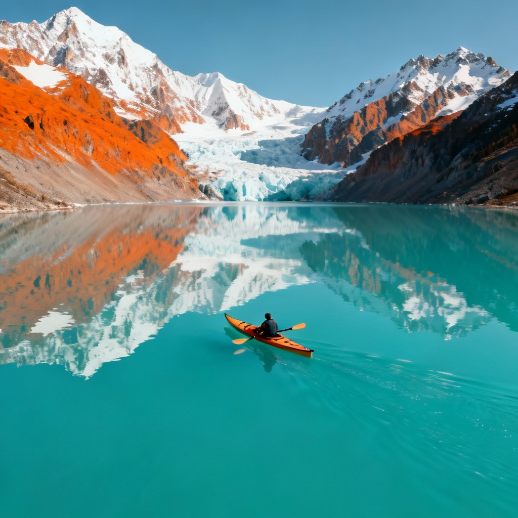 AI kayaking on turquoise glacier lake