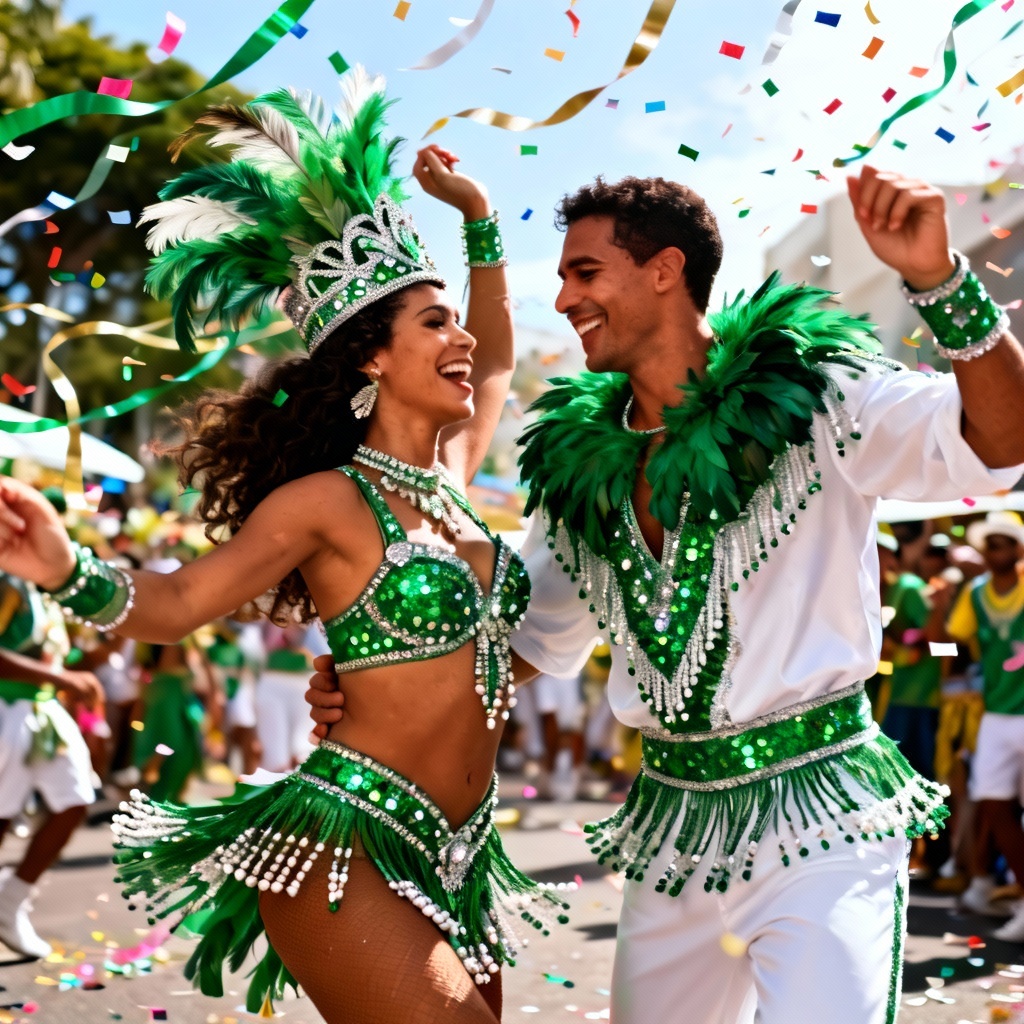 AI couple Rio Carnival costumes in coordinated samba school colors