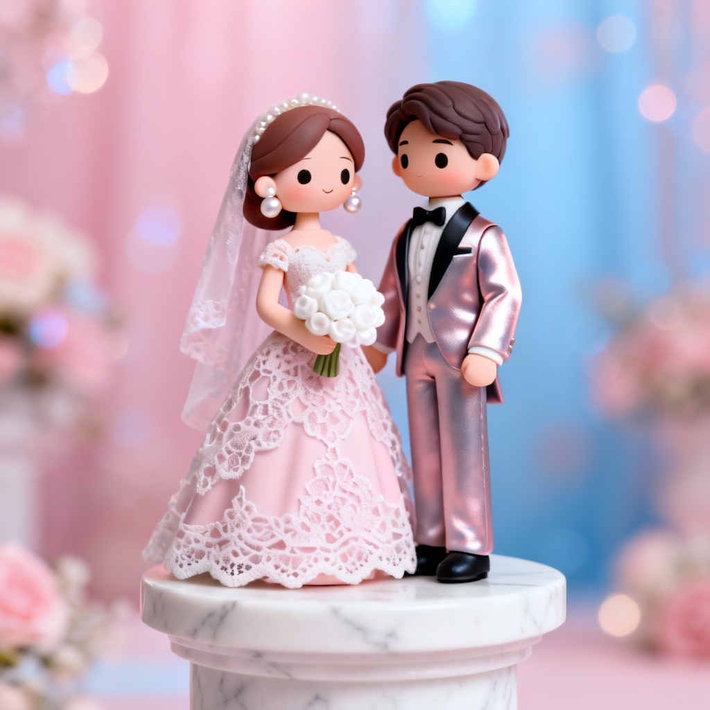 AI wedding doll couple in lace gown and tuxedo