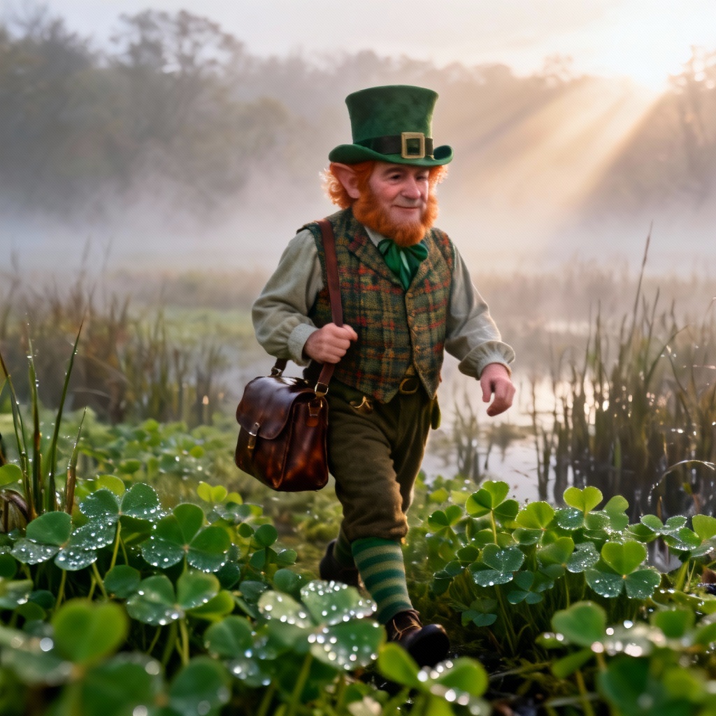 Photoreal AI leprechaun in a misty forest bog