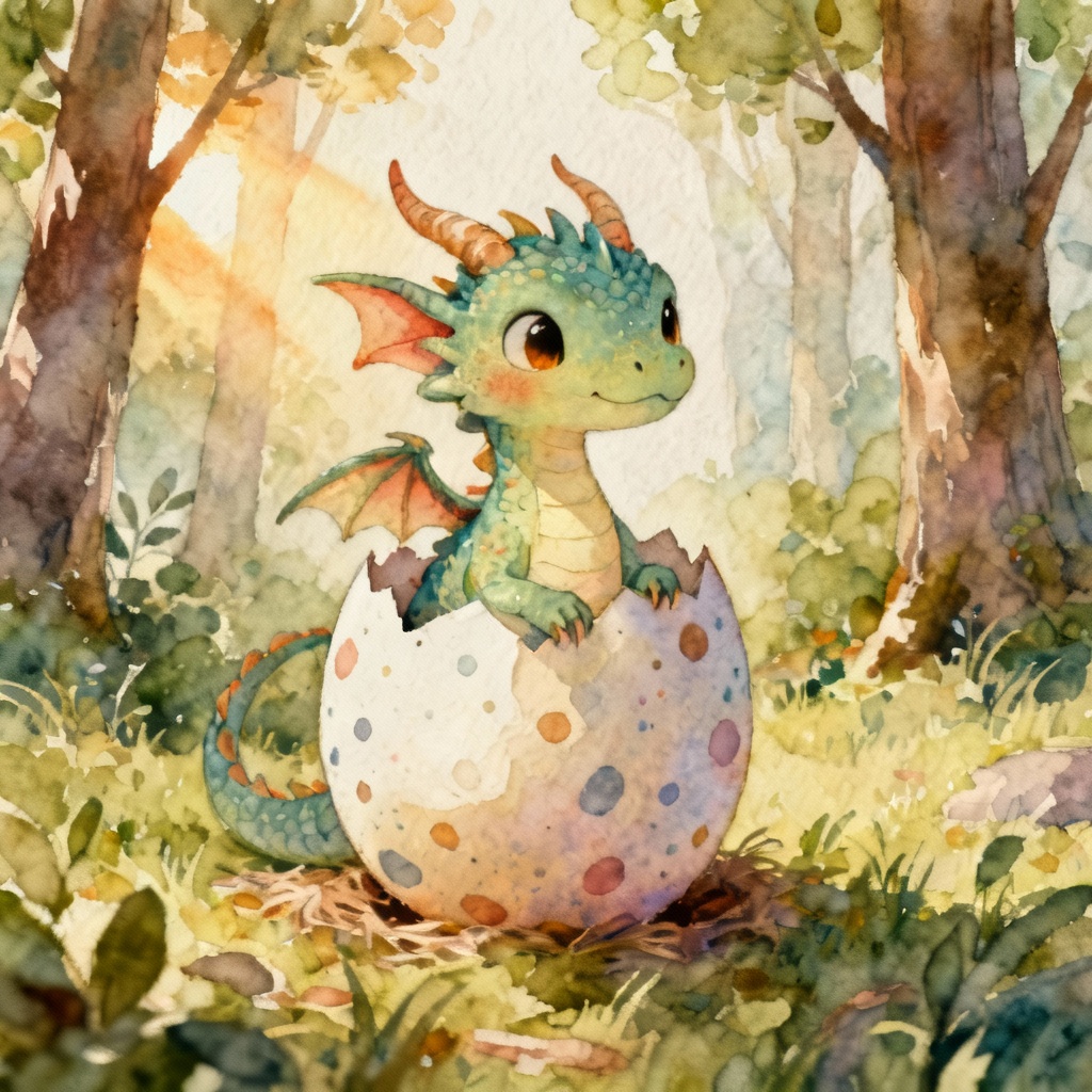 Cute watercolor baby dragon hatching in a forest
