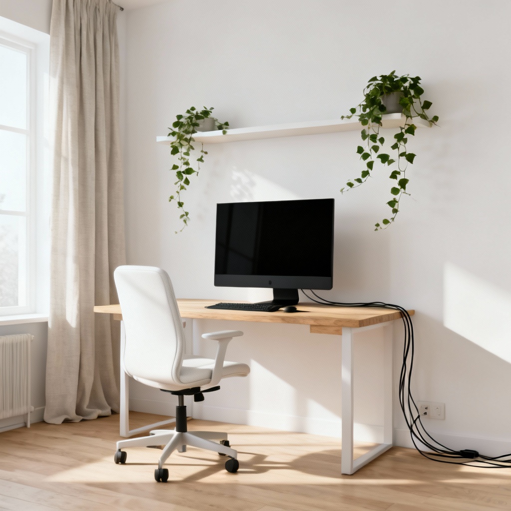AI minimal Scandinavian home office design with oak desk and white chair