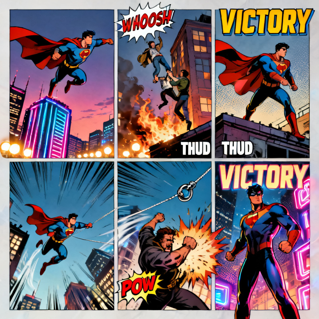 AI superhero cartoon panels set in a neon city