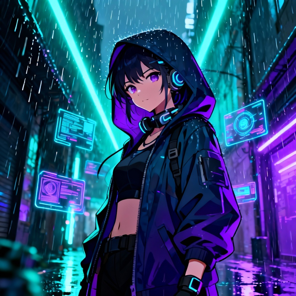 Cyberpunk hacker wafu with neon interface