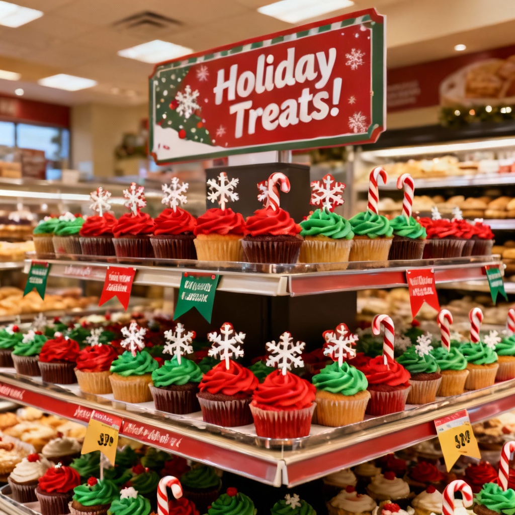 Holiday cupcake endcap with seasonal signage