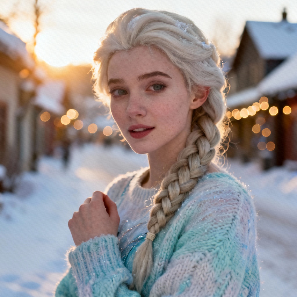 AI Elsa-style winter casual portrait in snowy village