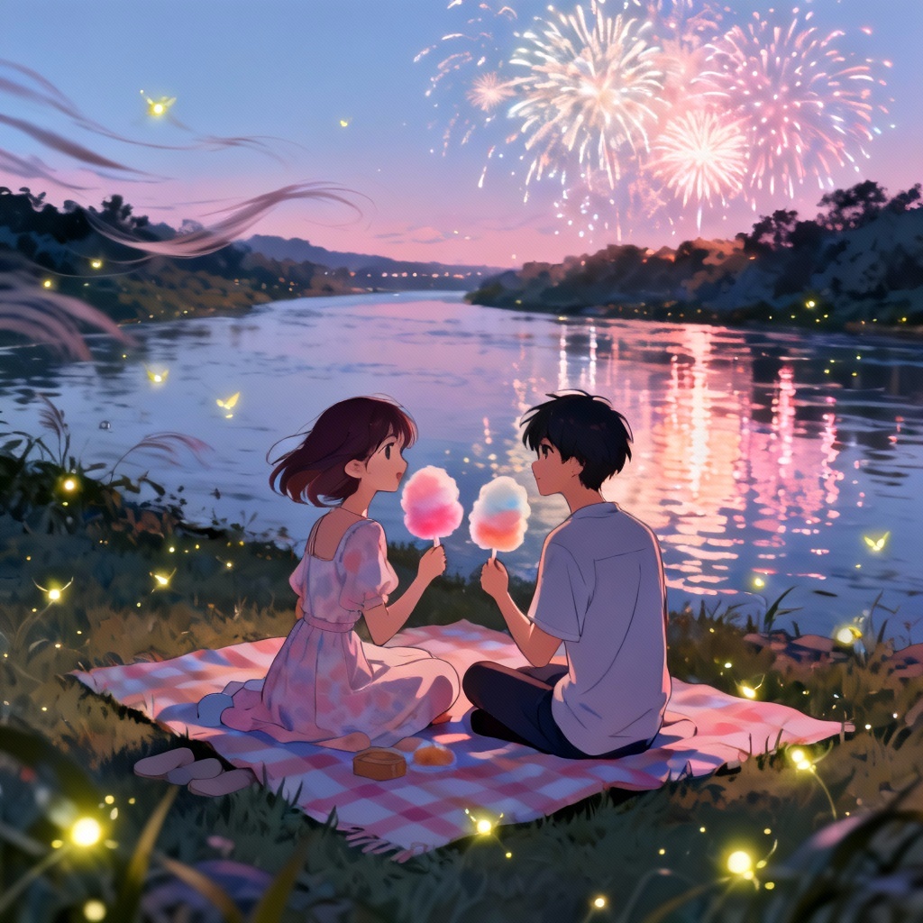 AI anime couple on a riverbank picnic watching fireworks