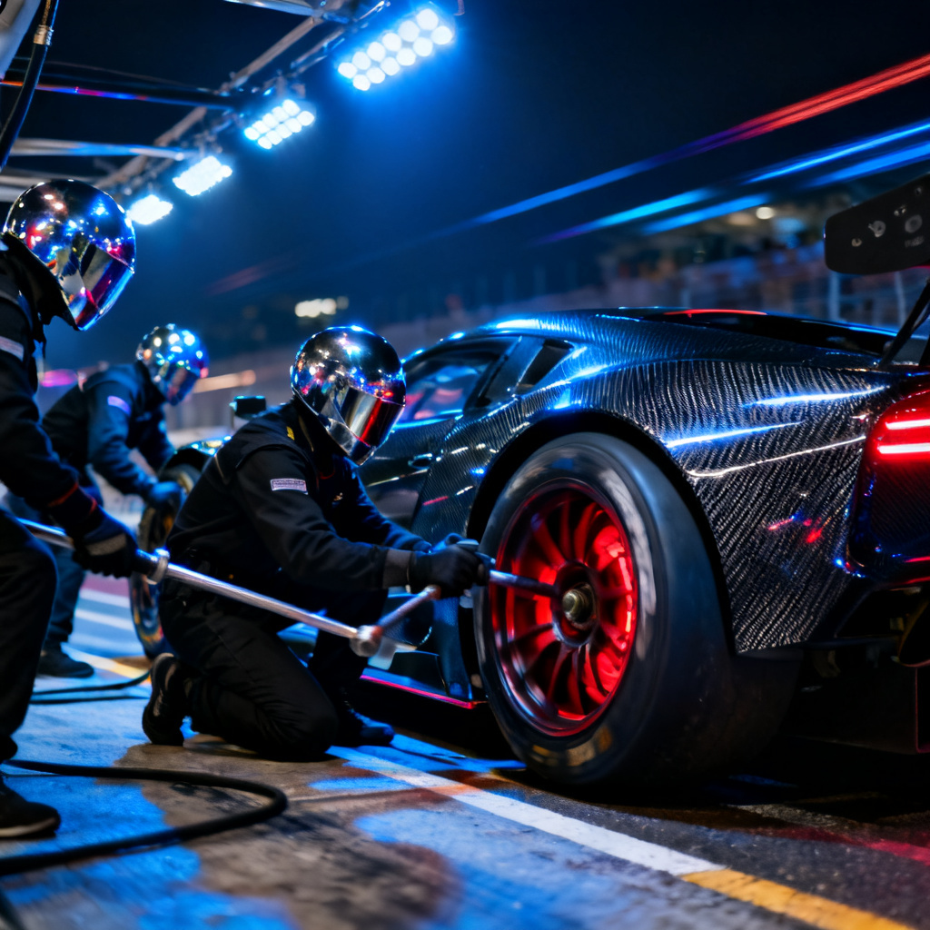 AI endurance racing pit stop with crew at night