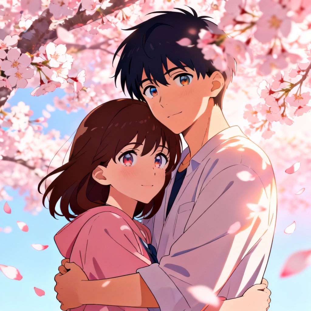 AI anime couple in a romantic hug under blossoms