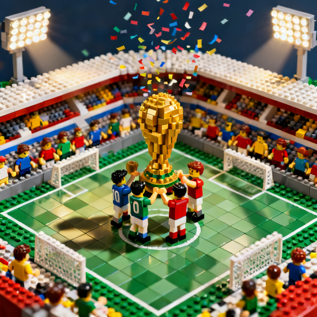 AI worldcup-lego champion team lifting brick trophy with confetti