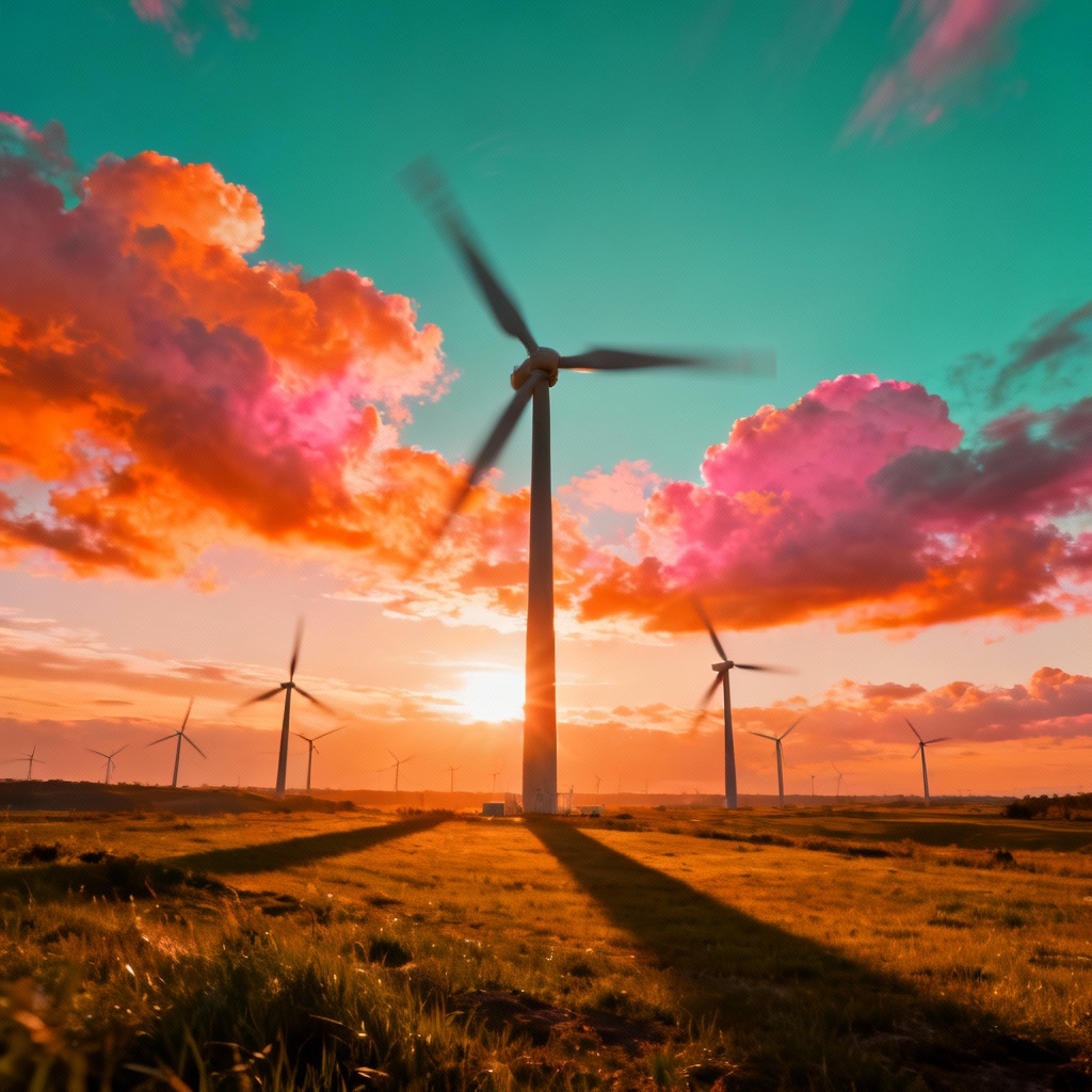 AI photorealistic image of a sunset wind farm with spinning turbines