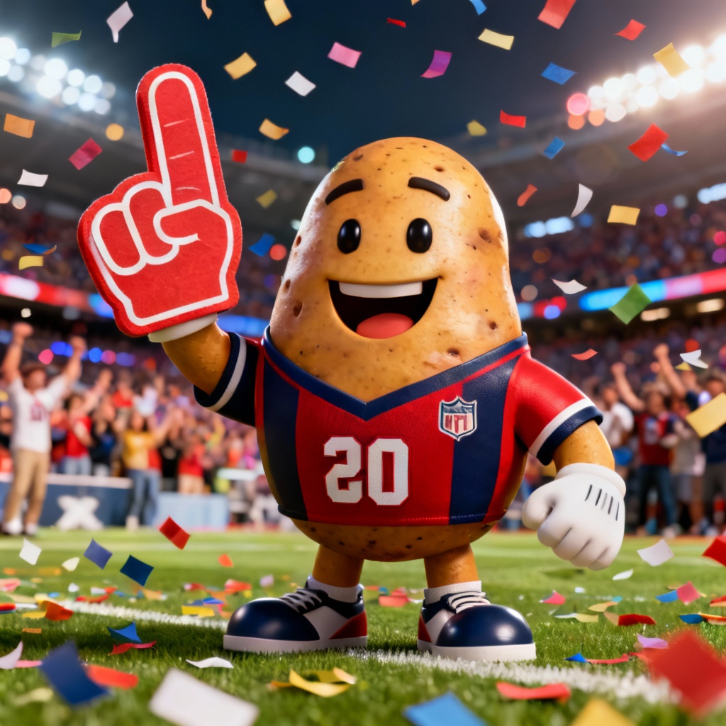 3D mascot coach potato cheering with a foam finger