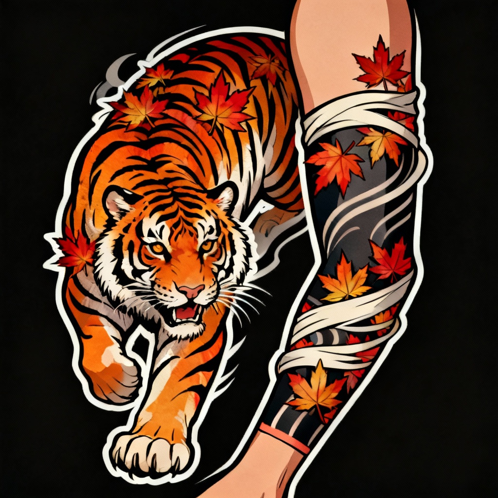 AI Neo-Japanese tiger calf sleeve tattoo design