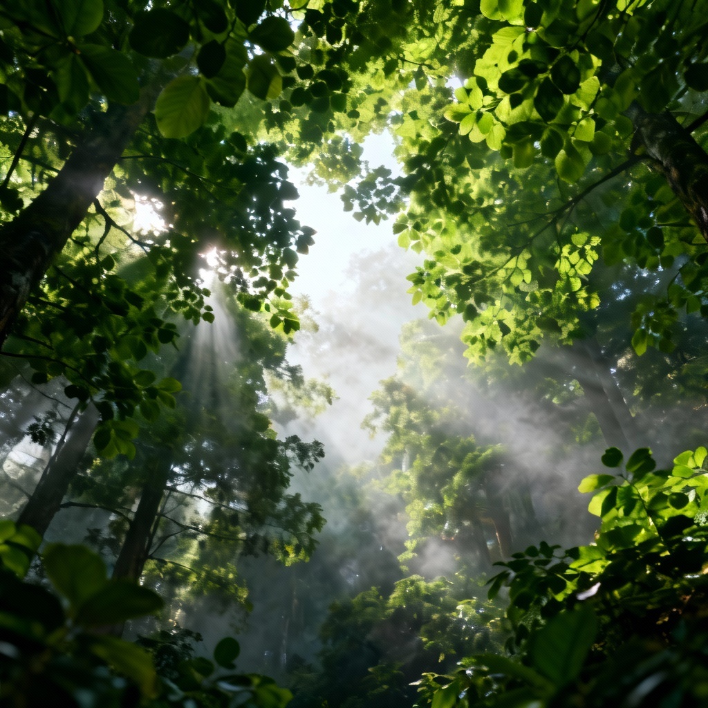 AI forest canopy background with sunlight rays