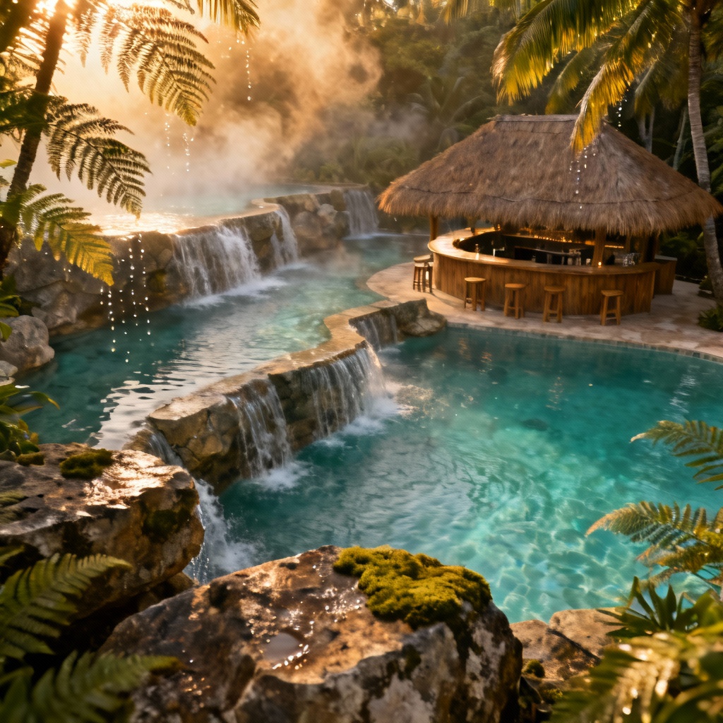 Jungle resort lagoon pool with waterfalls and swim-up bar