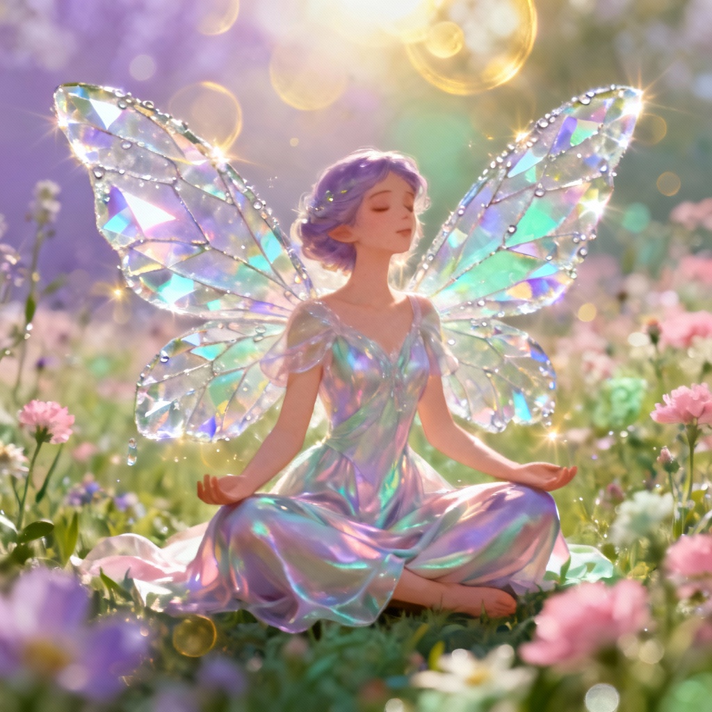 AI fairy with iridescent crystal butterfly wings
