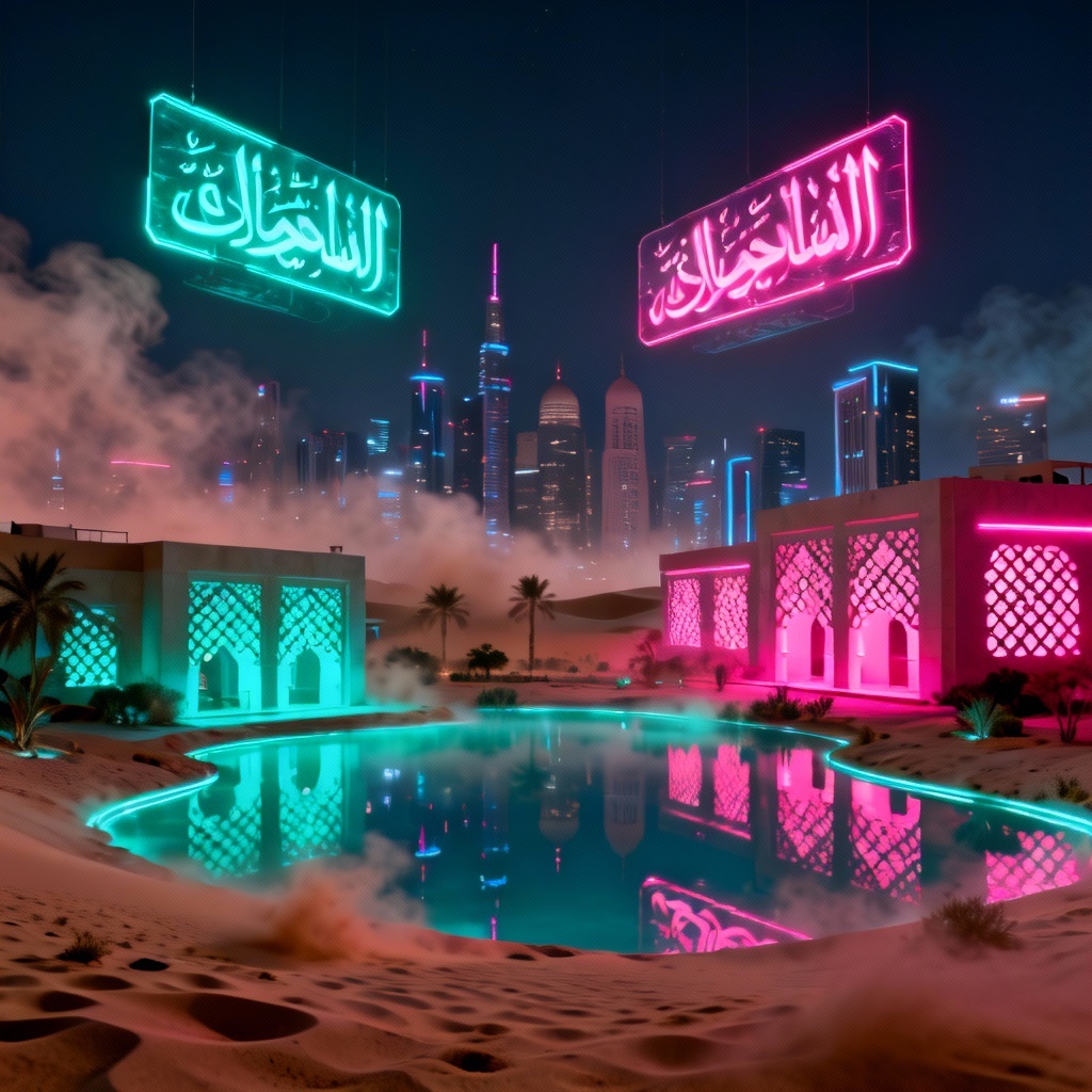 AI Cyber Arabia neon oasis skyline at night with holographic calligraphy