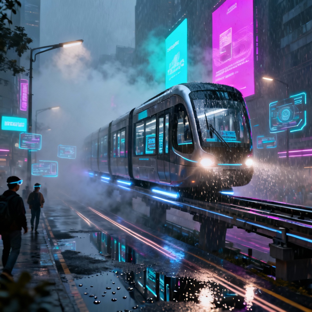AI neon smart city transit with autonomous maglev tram