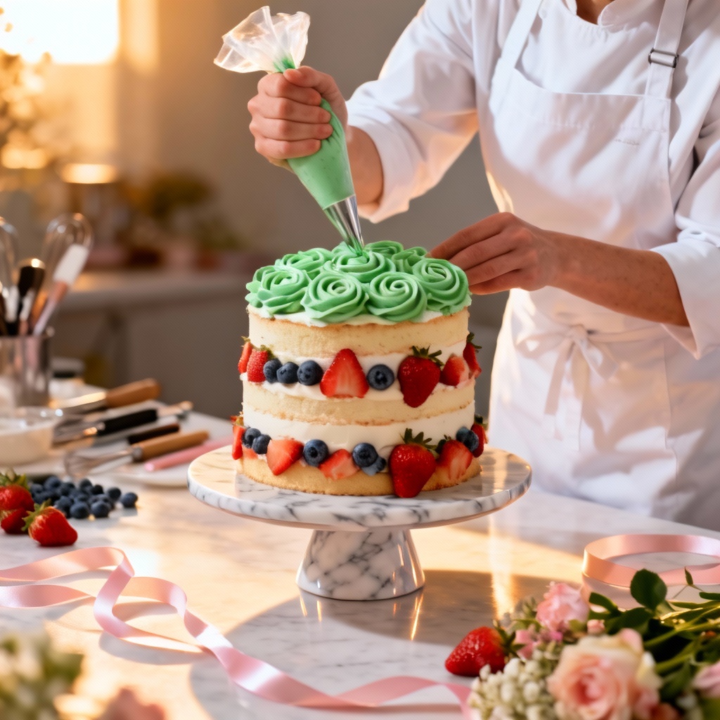 AI pastry chef decorating a festive cake
