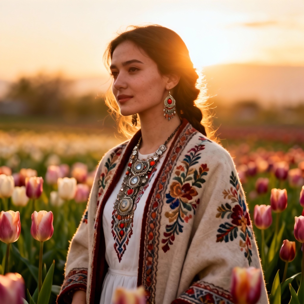 AI portrait of woman in saukele among tulips