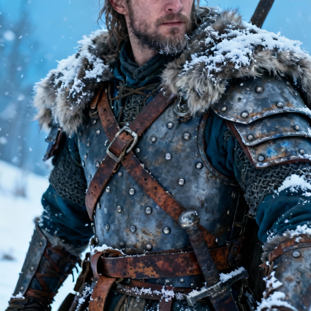 AI viking raider brigandine with fur mantle