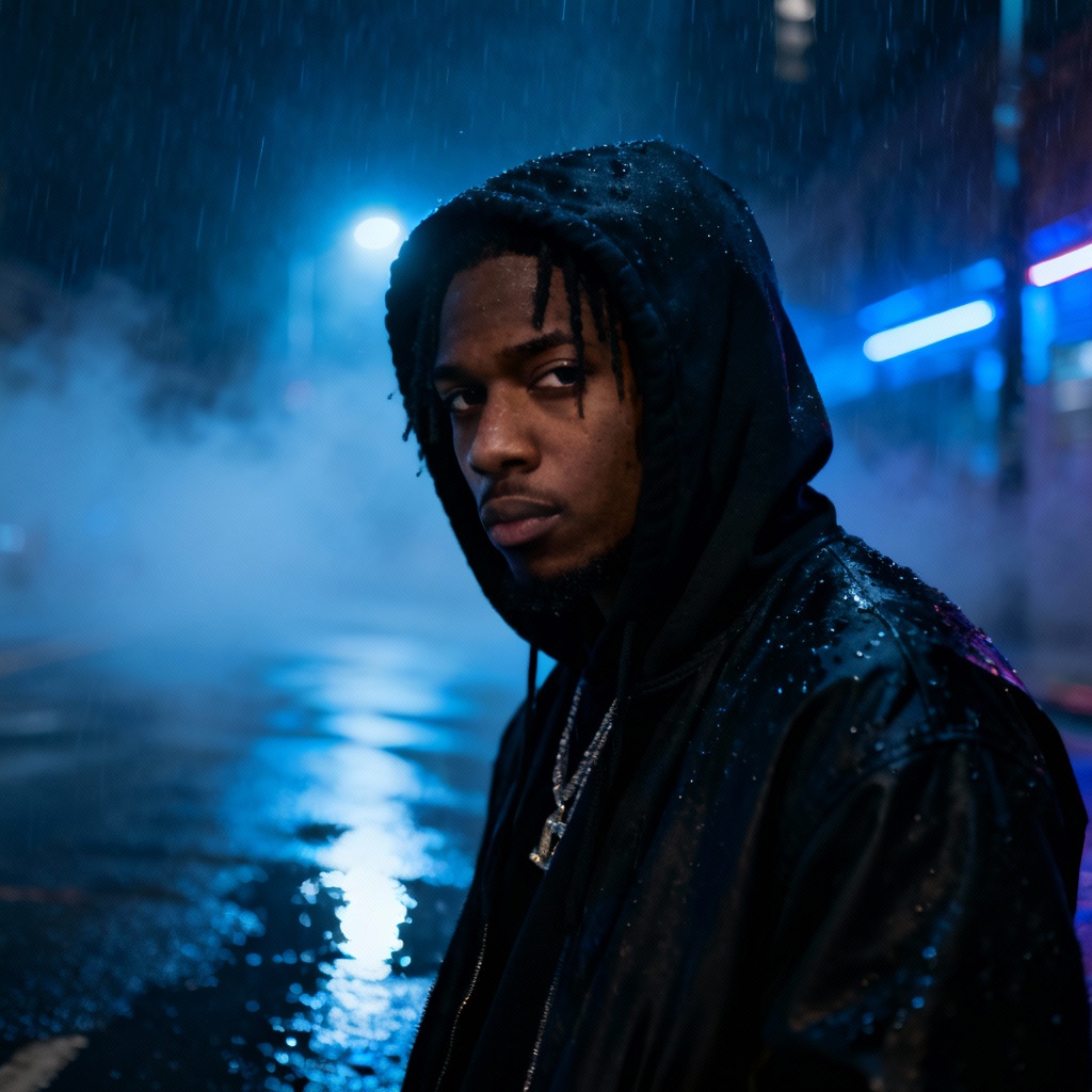 AI drill rapper in rainy city night