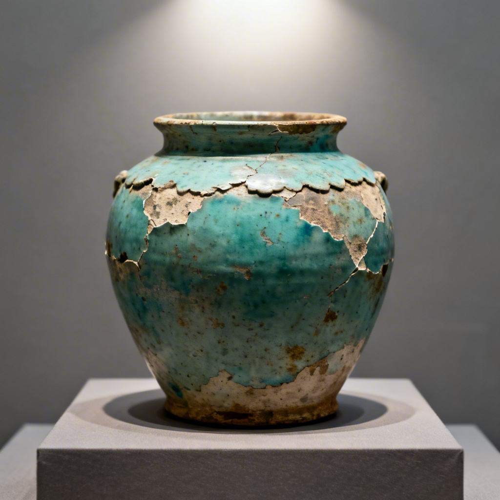 Ancient turquoise jar with oxidized patina on museum plinth