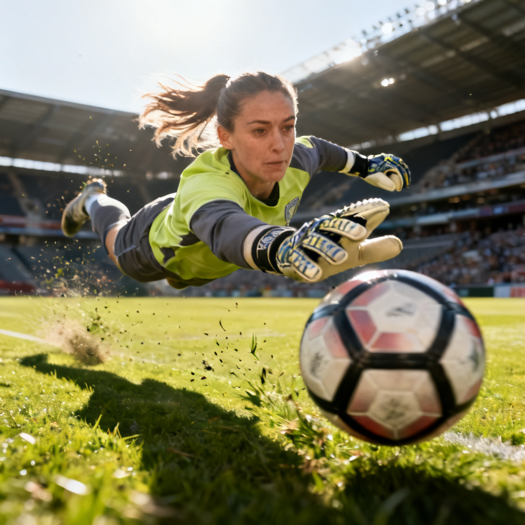 AI female soccer goalkeeper diving save