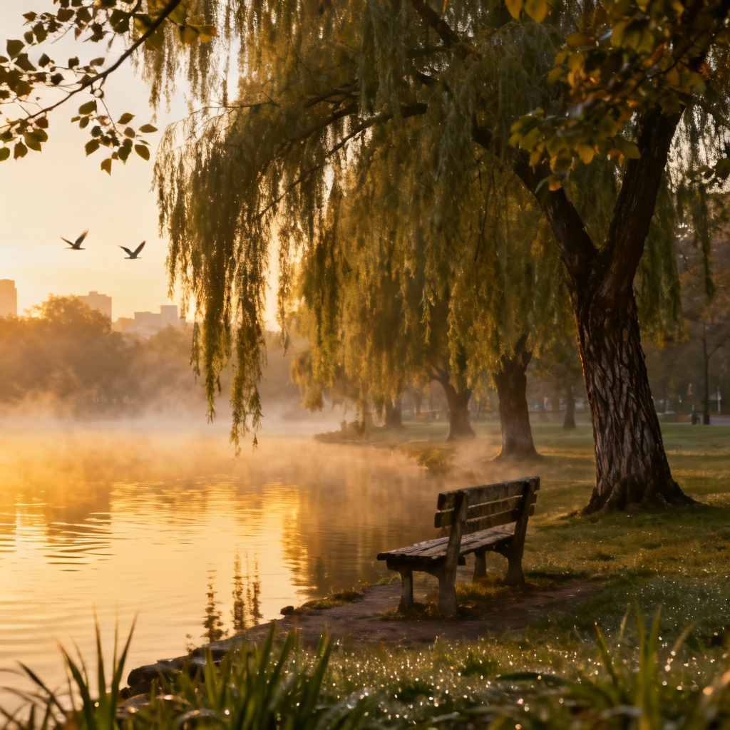 AI serene park at sunrise with willow trees and a calm lake