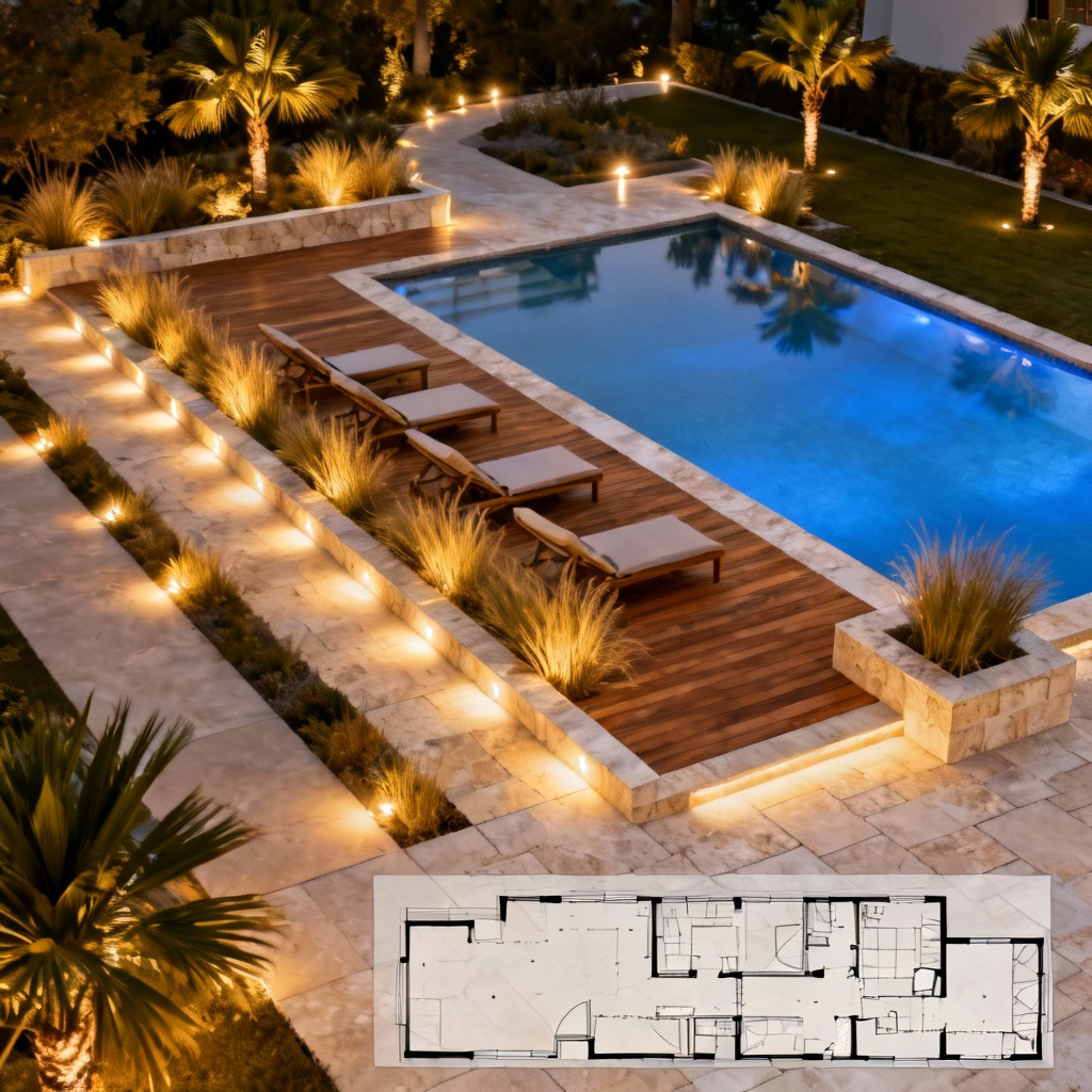 AI poolside landscape design with deck, lighting, and planting