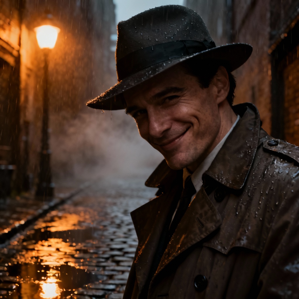 AI mystery alley charismatic trenchcoat portrait