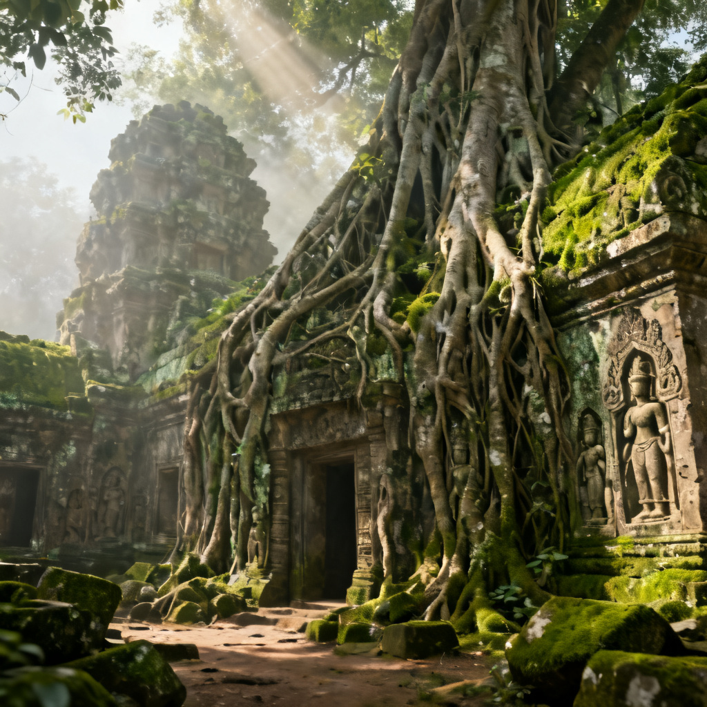 AI Angkor-style temple with tree roots and mossy stones