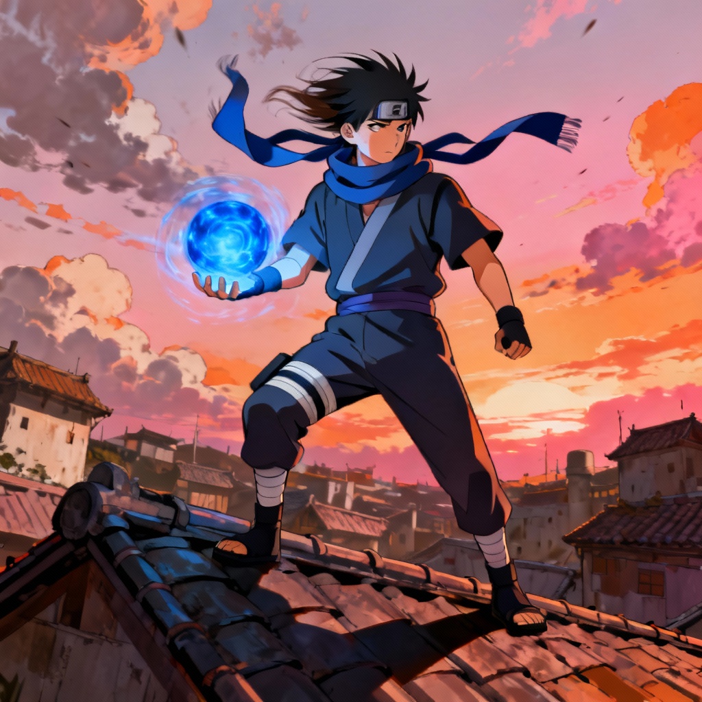 Anime ninja rooftop pose with chakra sphere
