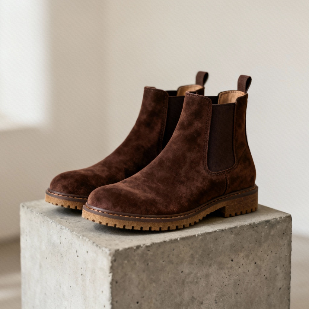 Chocolate brown suede Chelsea boots side view