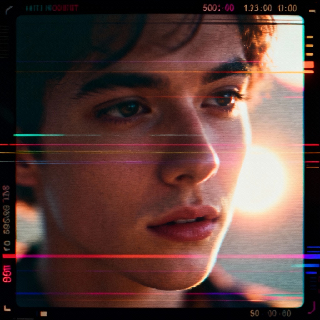 AI portrait with corrupted VHS distortion