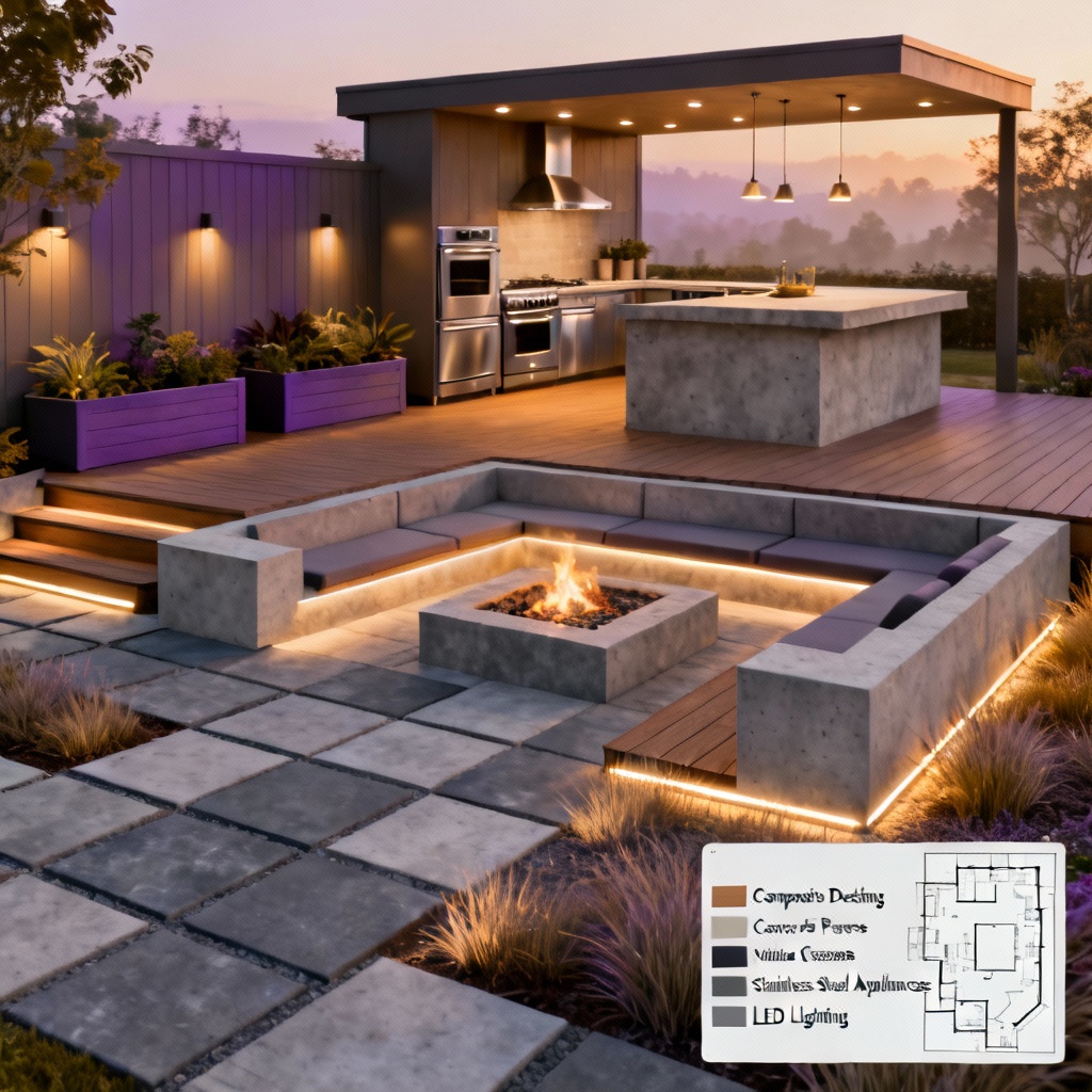 AI modern backyard landscape design with deck, kitchen, and fire pit