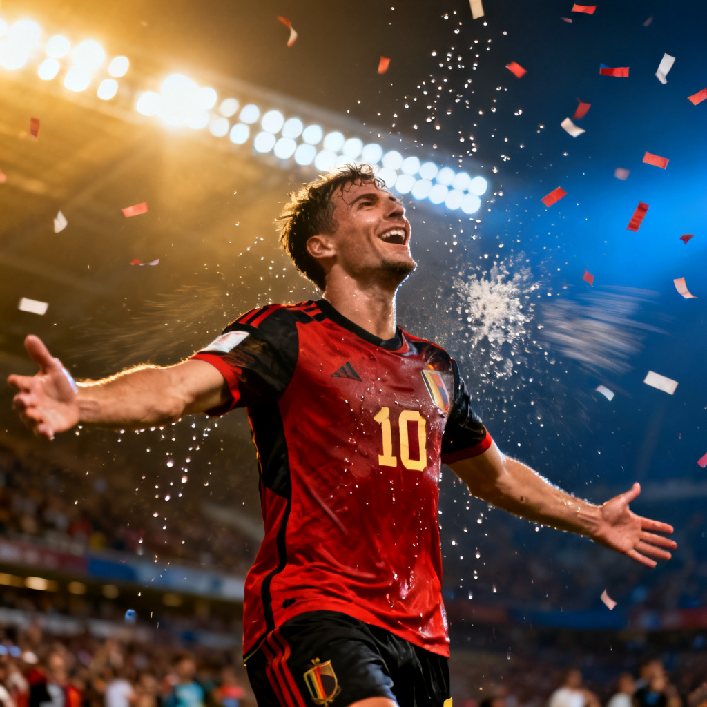 AI football player goal celebration under lights