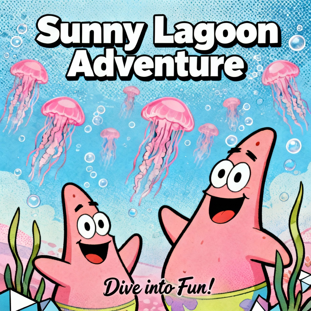 AI SpongeBob-style jellyfishing poster with pink jellyfish